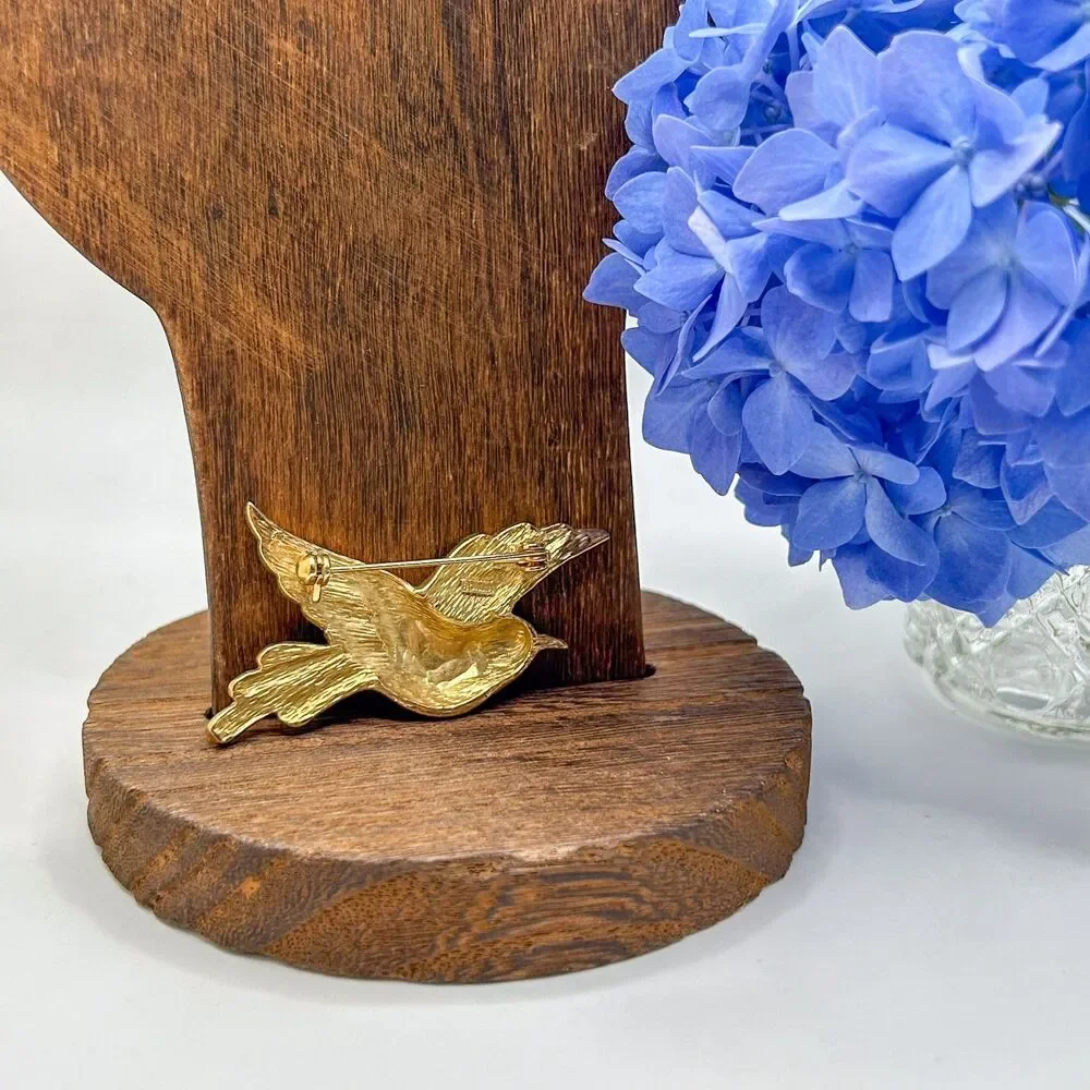Roman Signed Vintage Bird Brooch Gold Tone Rhinestone Blue Green Enamel